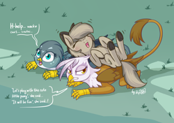 Size: 1600x1125 | Tagged: safe, artist:dsp2003, imported from derpibooru, gabby, gilda, oc, oc:stone, earth pony, griffon, pony, comic, cute, female, open mouth, pun, single panel, unamused