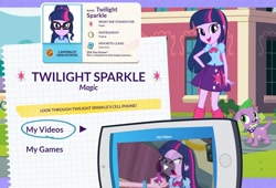 Size: 1200x814 | Tagged: safe, imported from derpibooru, sci-twi, spike, twilight sparkle, alicorn, dog, equestria girls, camp everfree outfits, canterlot high, chemistry, clothes, cutie mark, element of magic, eqg profiles, glasses, id card, leg warmers, looking at you, official, skirt, socks, spike the dog, twilight sparkle (alicorn), twolight, you had one job