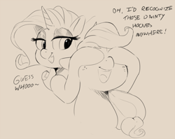 Size: 1000x794 | Tagged: dead source, safe, artist:sirmasterdufel, imported from derpibooru, applejack, rarity, pony, dialogue, guess who, monochrome, peekaboo, simple background