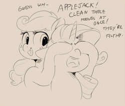 Size: 1000x850 | Tagged: dead source, safe, artist:sirmasterdufel, imported from derpibooru, applejack, rarity, pony, angry, dialogue, dirty, guess who, monochrome, peekaboo, simple background, this will end in tears and/or death