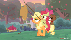 Size: 960x540 | Tagged: safe, artist:brutalweather studio, imported from derpibooru, apple bloom, applejack, winona, dog, earth pony, pony, animated, apple bloom riding applejack, applejack wants her hat back, applejack's hat, carrot on a stick, cowboy hat, eyes on the prize, female, frown, gif, hat, hatless, hoof hold, i can't believe it's not hasbro studios, loop, looping background, missing accessory, open mouth, ponies riding ponies, riding, sad, show accurate, silly, silly pony, tail wag, that pony sure does love her hat, tongue out, trotting, two riding one, who's a silly pony, winona riding applejack