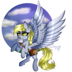 Size: 894x894 | Tagged: safe, artist:midnightsix3, artist:symphstudio, artist:xxmissteaxx, imported from derpibooru, derpy hooves, pony, cloud, female, flying, letter, mailbag, mouth hold, solo