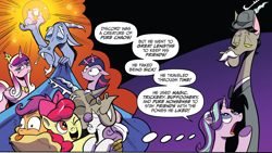 Size: 1988x1119 | Tagged: safe, artist:andypriceart, idw, imported from derpibooru, accord, apple bloom, discord, princess cadance, scootaloo, starlight glimmer, sweetie belle, twilight sparkle, alicorn, draconequus, pony, three's a crowd, spoiler:comic, spoiler:comic24, spoiler:comic50, comic, cutie mark crusaders, hug, official comic, panel, sisters-in-law, twilight sparkle (alicorn)