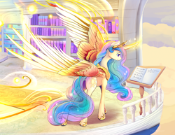 Size: 2200x1700 | Tagged: safe, artist:viwrastupr, imported from derpibooru, princess celestia, alicorn, pony, balcony, beautiful, book, butt, crown, cutie mark, epic wings, ethereal mane, ethereal tail, feather, female, flowing mane, flowing tail, glowing horn, glowing wings, hoof shoes, jewelry, large wings, lidded eyes, magic, majestic, mare, multicolored mane, multicolored tail, plot, powerful, purple eyes, queen celestia, regal, regalia, royalty, smiling, solo, tiara, wings