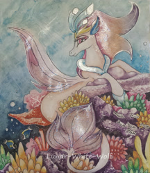 Size: 2157x2493 | Tagged: safe, artist:lunar-white-wolf, imported from derpibooru, queen novo, fish, seapony (g4), my little pony: the movie, beautiful, coral reef, female, lidded eyes, queen, smiling, solo, traditional art, underwater