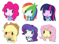 Size: 1600x1200 | Tagged: safe, artist:umejiru, imported from derpibooru, applejack, fluttershy, pinkie pie, rainbow dash, rarity, twilight sparkle, equestria girls, a midsummer night's dirty dream, chibi, humane five, humane six, ibuki suika, manatsu no yo no inmu, mane six, marisa and alice's cookie kiss, nico nico seiga, simple background, style emulation, touhou, transparent background