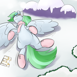 Size: 2500x2500 | Tagged: safe, artist:mrrowboat, imported from derpibooru, oc, oc only, oc:spearmint, pegasus, pony, clothes, commission, eyes closed, female, giant pegasus, giant pony, macro, mare, playing, scarf, snow, solo