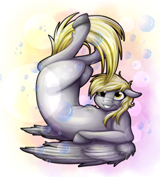 Size: 3356x3709 | Tagged: safe, artist:lupiarts, imported from derpibooru, derpy hooves, pegasus, pony, chest fluff, female, floppy ears, grin, on back, smiling, solo, unshorn fetlocks