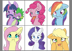 Size: 1984x1417 | Tagged: safe, artist:alasou, imported from derpibooru, applejack, fluttershy, pinkie pie, rainbow dash, rarity, spike, twilight sparkle, dragon, pony, bucktooth, cute, derp, facial hair, faic, funny face, lip bite, looking at you, mane six, moustache, open mouth, puffy cheeks, silly, silly face, silly pony, simple background, tongue out, wall eyed