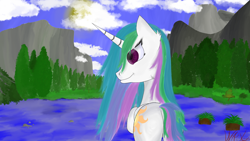 Size: 4096x2304 | Tagged: safe, artist:wax-42, imported from derpibooru, princess celestia, alicorn, pony, absurd resolution, butt, cloud, cloudy, cutie mark, day, female, freedom, lake, mare, mountain, multicolored mane, multicolored tail, nature, plot, praise the sun, purple eyes, rock, royalty, scenery, sky, smiling, solo, sun, sunbutt, traditional art, tree, water, watercolor painting, wet mane, wet mane celestia