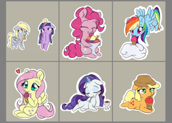 Size: 1984x1417 | Tagged: safe, artist:alasou, imported from derpibooru, applejack, derpy hooves, fluttershy, pinkie pie, rainbow dash, rarity, twilight sparkle, alicorn, pony, apple, cloud, cute, eyes closed, floppy ears, food, heart, holding, horn impalement, ice cream, ice cream cone, licking, mane six, prone, silly, silly pony, simple background, sitting, that pony sure does love apples, tongue out, twilight sparkle (alicorn), who's a silly pony