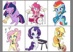 Size: 1984x1417 | Tagged: safe, artist:alasou, imported from derpibooru, applejack, fluttershy, pinkie pie, rainbow dash, rarity, twilight sparkle, alicorn, pony, alternate hairstyle, chibi, cute, drums, drumsticks, eyeshadow, guitar, keyboard, makeup, mane six, microphone, mouth hold, musical instrument, prehensile mane, simple background, singing, tongue out, trumpet, twilight sparkle (alicorn)