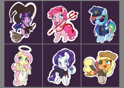 Size: 1984x1417 | Tagged: safe, artist:alasou, imported from derpibooru, applejack, fluttershy, pinkie pie, rainbow dash, rarity, twilight sparkle, alicorn, pony, spider, vampire, alcohol, amputee, angel, broom, chibi, clothes, costume, cute, devil, devil pinkie pie, devil tail, eyepatch, fluttershy the angel, flying, flying broomstick, glowing horn, grin, halloween, hat, horns, looking at you, magic, mane six, nightmare night, peg leg, pirate, police uniform, prosthetic leg, prosthetic limb, prosthetics, simple background, smiling, sticker, sword, trident, twilight sparkle (alicorn), weapon, wine, witch, witch hat