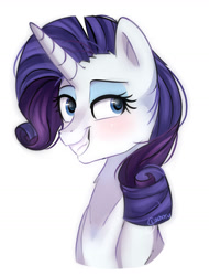 Size: 1024x1345 | Tagged: safe, artist:slasharu, imported from derpibooru, rarity, pony, unicorn, blushing, bust, female, grin, portrait, simple background, smiling, solo, white background