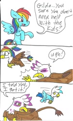 Size: 894x1477 | Tagged: safe, artist:cmara, imported from derpibooru, gilda, rainbow dash, oc, oc:gren, oc:rainbow feather, classical hippogriff, griffon, hippogriff, pegasus, pony, baby, comic, cute, dialogue, eyes closed, family, female, flying, foal, frown, gildash, glare, gritted teeth, interspecies, interspecies offspring, lesbian, magical lesbian spawn, mare, mother and daughter, mother and son, next generation, offspring, open mouth, parent:gilda, parent:rainbow dash, parents:gildash, shipping, smiling, spread wings, traditional art, wings