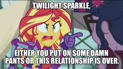 Size: 800x450 | Tagged: safe, edit, edited screencap, imported from derpibooru, screencap, sci-twi, sunset shimmer, twilight sparkle, equestria girls, friendship games, adam, adam and eve, angry, atop the fourth wall, deleted story in the comments, eve, exploitable meme, female, holy terror, image macro, lesbian, linkara, meme, shipping, sunset yells at twilight, sunsetsparkle