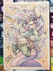 Size: 960x1280 | Tagged: safe, artist:mosamosa_n, imported from derpibooru, twilight sparkle, twilight sparkle (alicorn), alicorn, pony, semi-anthro, adorkable, arm hooves, butt wings, clothes, cute, dork, eraser, female, glasses, meganekko, notebook, pencil, school uniform, schoolgirl, simple background, solo, traditional art