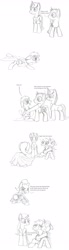 Size: 1181x4272 | Tagged: safe, artist:dsb71013, imported from derpibooru, oc, oc only, oc:night cap, oc:rhapsody, oc:snowy skies, pony, absurd resolution, balloon, comic, monochrome, terrified