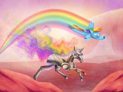 Size: 1000x750 | Tagged: safe, artist:slamjam, imported from derpibooru, rainbow dash, pegasus, pony, robot, flying, rainbows, robot unicorn attack, running