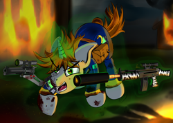 Size: 4200x3000 | Tagged: safe, artist:raptorpwn3, imported from derpibooru, oc, oc only, oc:littlepip, pony, unicorn, fallout equestria, absurd resolution, clothes, fanfic, fanfic art, female, fire, glowing horn, gun, handgun, hooves, horn, jumpsuit, levitation, little macintosh, magic, mare, open mouth, optical sight, pipbuck, rage, revolver, solo, teeth, telekinesis, vault suit, weapon, zebra rifle