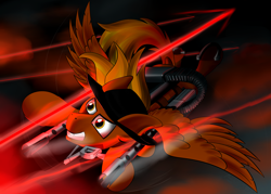 Size: 4200x3000 | Tagged: safe, artist:raptorpwn3, imported from derpibooru, oc, oc only, oc:calamity, pegasus, pony, fallout equestria, absurd resolution, battle saddle, dashite, dodge, fanfic, fanfic art, fire, flying, gau-16, gun, hat, hooves, laser, male, night, rage, rifle, solo, spread wings, stallion, teeth, weapon, wings