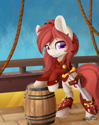 Size: 1280x1608 | Tagged: safe, artist:miraisora, imported from derpibooru, oc, oc only, oc:rosa lanzar, pony, barrel, bipedal, bipedal leaning, dagger, ear piercing, knife, leaning, piercing, pirate, pirate ship, smiling, solo, sword, weapon