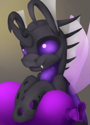 Size: 775x1076 | Tagged: safe, artist:miraisora, imported from derpibooru, oc, oc only, oc:memorynumber, changeling, balloon, changeling oc, purple changeling, solo