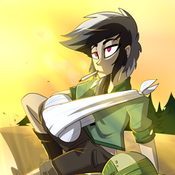 Size: 1440x1440 | Tagged: safe, artist:imskull, imported from derpibooru, daring do, human, cast, cigarette, female, hat, humanized, pith helmet, sling, solo, sunset