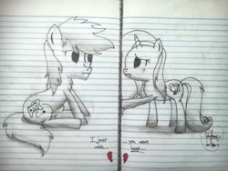 Size: 4160x3120 | Tagged: safe, artist:kimjoman, artist:php142, imported from derpibooru, oc, oc only, pony, absurd resolution, heartbreak, lined paper, monochrome, sad, school, traditional art, valentine's day