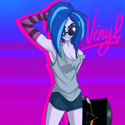 Size: 1440x1440 | Tagged: safe, artist:imskull, imported from derpibooru, dj pon-3, vinyl scratch, human, armpits, clothes, female, gloves, humanized, pink floyd, record, solo, the dark side of the moon