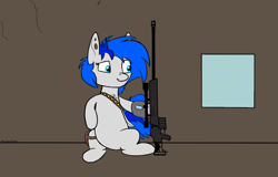 Size: 5208x3333 | Tagged: safe, artist:melon frost, imported from derpibooru, oc, oc only, oc:sapphire sights, pegasus, pony, absurd resolution, female, gun, hooves, inside building, m98b barret, mare, optical sight, piercing, rifle, simple background, sitting, sniper, sniper rifle, solo, weapon, window, wings