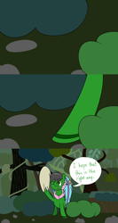 Size: 1280x2400 | Tagged: safe, artist:hummingway, imported from derpibooru, oc, oc only, oc:feather hummingway, oc:swirly shells, pony, ask-humming-way, dialogue, forest, tumblr comic