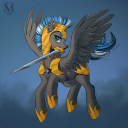 Size: 1000x1000 | Tagged: safe, artist:margony, imported from derpibooru, oc, oc only, oc:cloud zapper, pegasus, pony, armor, commission, flying, helmet, male, mouth hold, royal guard, signature, solo, stallion, sword, weapon