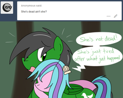 Size: 1280x1023 | Tagged: safe, artist:hummingway, imported from derpibooru, oc, oc only, oc:feather hummingway, oc:swirly shells, pony, ask-humming-way, dialogue, forest, tumblr, tumblr comic