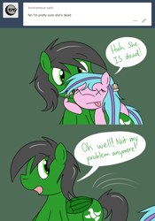 Size: 1280x1832 | Tagged: safe, artist:hummingway, imported from derpibooru, oc, oc only, oc:feather hummingway, oc:swirly shells, pony, ask-humming-way, dialogue, tumblr, tumblr comic