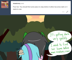 Size: 1280x1072 | Tagged: safe, artist:hummingway, imported from derpibooru, oc, oc only, oc:feather hummingway, oc:swirly shells, pony, ask-humming-way, dialogue, forest, tumblr, tumblr comic