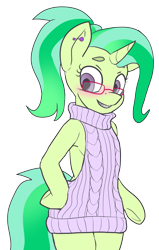 Size: 2063x3243 | Tagged: safe, artist:neoncel, imported from derpibooru, oc, oc only, oc:paige turner, pony, semi-anthro, unicorn, backless, base used, blushing, braces, clothes, ear piercing, eyebrows, female, glasses, mare, open-back sweater, piercing, simple background, sleeveless sweater, smiling, solo, sweater, transparent background, virgin killer sweater