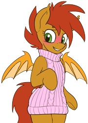 Size: 2263x3135 | Tagged: safe, artist:neoncel, imported from derpibooru, oc, oc only, oc:mango slice, bat pony, pony, semi-anthro, backless, base used, blushing, clothes, open-back sweater, shy, simple background, sleeveless sweater, smiling, solo, sweater, transparent background, virgin killer sweater