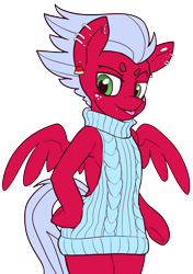 Size: 2224x3151 | Tagged: safe, artist:neoncel, imported from derpibooru, oc, oc only, oc:melon frost, pegasus, pony, semi-anthro, backless, base used, clothes, ear piercing, eyebrows, freckles, lip piercing, open-back sweater, piercing, simple background, sleeveless sweater, solo, sweater, tongue out, transparent background, virgin killer sweater