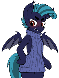 Size: 2317x3069 | Tagged: safe, artist:neoncel, imported from derpibooru, oc, oc only, oc:midnight chastise, bat pony, pony, semi-anthro, backless, base used, blushing, clothes, ear piercing, eyebrows, fangs, grumpy, lip piercing, open-back sweater, piercing, simple background, sleeveless sweater, solo, sweater, transparent background, virgin killer sweater