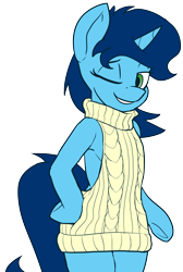 Size: 2018x2996 | Tagged: safe, artist:neoncel, imported from derpibooru, oc, oc only, oc:sweet cakes, pony, unicorn, backless, clothes, female, mare, one eye closed, open-back sweater, simple background, sleeveless sweater, smiling, solo, sweater, transparent background, virgin killer sweater, wink