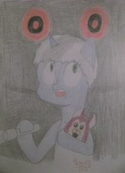 Size: 3326x4608 | Tagged: safe, artist:raventheghost, imported from derpibooru, oc, oc only, oc:raven blake, pony, unicorn, absurd resolution, crossover, flashlight (object), solo, tattletail, traditional art