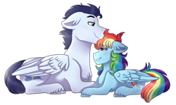 Size: 2400x1431 | Tagged: safe, artist:artistcoolpony, artist:kikirdcz, imported from derpibooru, rainbow dash, soarin', pony, floppy ears, male, nuzzling, prone, shipping, simple background, size difference, smoldash, soarindash, straight, transparent background