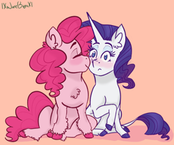 Size: 1024x853 | Tagged: safe, artist:lxxjunebugxxl, imported from derpibooru, pinkie pie, rarity, classical unicorn, pony, blushing, cloven hooves, female, leonine tail, lesbian, nuzzling, raripie, shipping, simple background, sitting, unshorn fetlocks