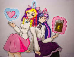 Size: 1024x781 | Tagged: safe, artist:ryuraiart, imported from derpibooru, princess cadance, twilight sparkle, human, book, clothes, eared humanization, heart, horned humanization, humanized, magic, open mouth, school uniform, sitting, skirt, smiling, telekinesis, traditional art