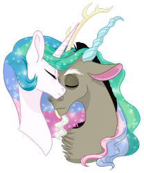 Size: 1280x1536 | Tagged: safe, artist:whisperseas, imported from derpibooru, discord, princess celestia, pony, bust, chest fluff, dislestia, eyes closed, male, nuzzling, portrait, shipping, simple background, straight, transparent background, watermark