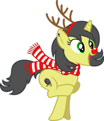 Size: 1024x1196 | Tagged: safe, artist:mr-blitz, imported from derpibooru, oc, oc only, oc:pauly sentry, pony, unicorn, antlers, clothes, cutie mark, ear piercing, happy, piercing, red nose, reindeer antlers, rudolph nose, running, scarf, simple background, solo, transparent background, vector