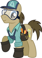 Size: 711x994 | Tagged: safe, artist:pacificgreen, imported from derpibooru, doctor whooves, douglas spruce, evergreen, time turner, pony, cap, clothes swap, goggles, hat, hoof shoes, male, safety goggles, simple background, solo, toolbelt, transparent background, vector, voice actor joke