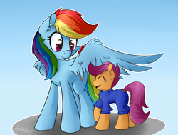 Size: 1856x1405 | Tagged: safe, artist:sentireaeris, imported from derpibooru, rainbow dash, scootaloo, pegasus, pony, cheek fluff, clothes, cute, cutealoo, ear fluff, eyes closed, open mouth, overalls, raised hoof, scootalove, signature, wing fluff