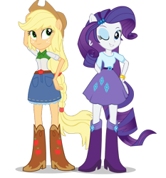 Size: 800x857 | Tagged: safe, artist:eduardonunes109, imported from derpibooru, applejack, rarity, equestria girls, boots, bracelet, clothes, cowboy boots, cowboy hat, denim skirt, hand on hip, hat, high heel boots, jewelry, one eye closed, ponied up, pony ears, ponytail, rubber boots, simple background, skirt, stetson, transparent background, vector, wink